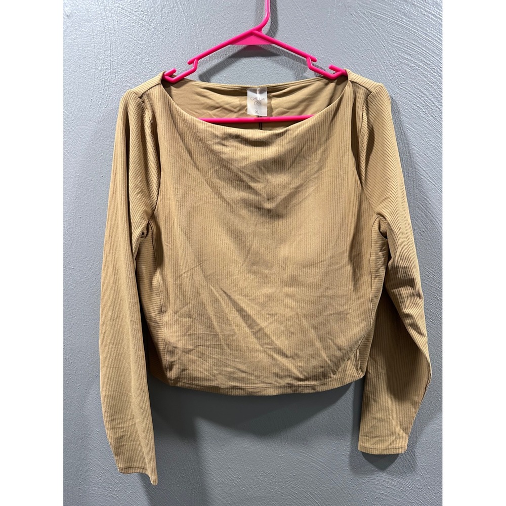CALIA Women XL Tan Brown Ribbed Boat Neck Long Sleeve Top WAX24304 New